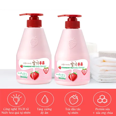 Sữa tắm Welcos Strawberry Milk Body Cleanser - làm sạch, sáng da và cải thiện sắc tố da 560g