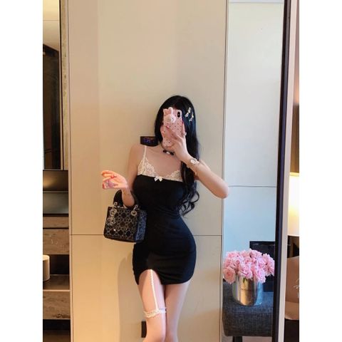 Váy Ngủ Sexy Ôm Body Tôn Dáng Phối Ren Choker Đùi Siêu Xinh Quyến Rũ Đầm 2 Dây Mặc Nhà Sang Xịn Gợi Cảm - N163 Đen