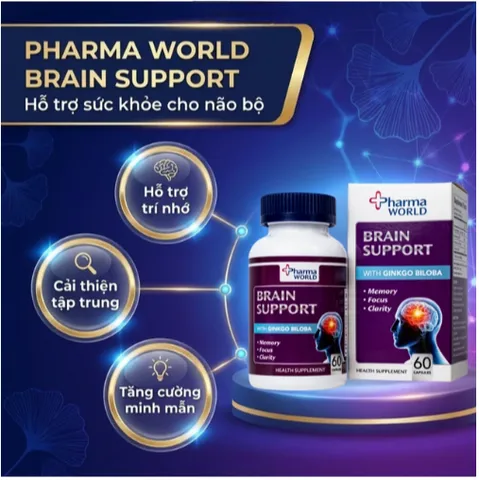 Viên uống bổ não, hỗ trợ cải thiện suy giảm trí nhớ Brain Support Pharma World (60 viên)