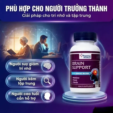 Viên uống bổ não, hỗ trợ cải thiện suy giảm trí nhớ Brain Support Pharma World (60 viên)