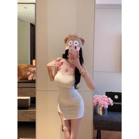 Váy Ngủ Sexy Ôm Body Tôn Dáng Phối Ren Choker Đầm 2 Dây Mặc Nhà - N163 Trắng
