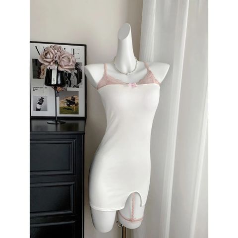 Váy Ngủ Sexy Ôm Body Tôn Dáng Phối Ren Choker Đầm 2 Dây Mặc Nhà - N163 Trắng