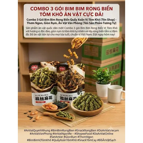 Combo 3 Gói Bim Bim Rong Biển Quẩy Xoắn Vị Tôm Khô 96g/gói - Snack Rong Biển Thơm Ngon Giòn Rụm Đồ Ăn Vặt Hot Trend