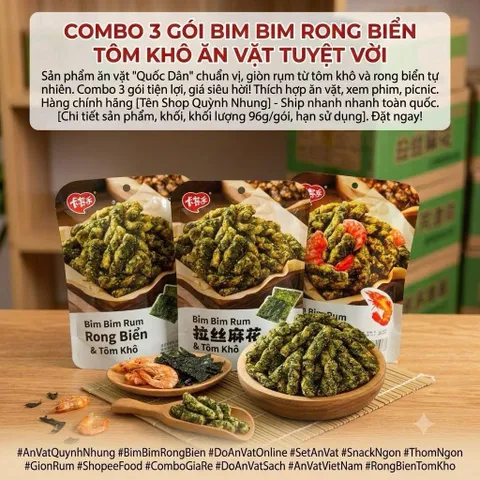 Combo 3 Gói Bim Bim Rong Biển Quẩy Xoắn Vị Tôm Khô 96g/gói - Snack Rong Biển Thơm Ngon Giòn Rụm Đồ Ăn Vặt Hot Trend