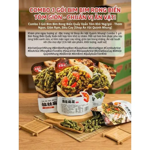 Combo 3 Gói Bim Bim Rong Biển Quẩy Xoắn Vị Tôm Khô 96g/gói - Snack Rong Biển Thơm Ngon Giòn Rụm Đồ Ăn Vặt Hot Trend