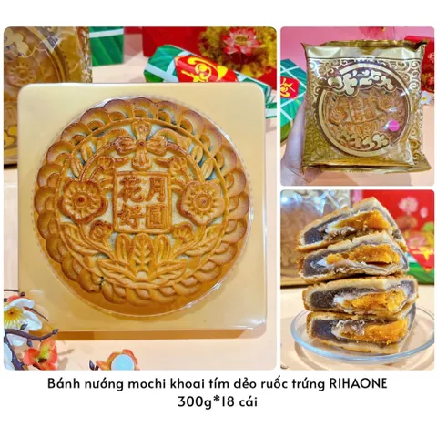 Bánh Trung Thu Mochi Dẻo Khoai Tím Ruốc Trứng RIHAONE 300g - Bánh Nướng Hiện Đại Thỏ Ngọc Uyên Ương / Kim Bảo Song Ngư