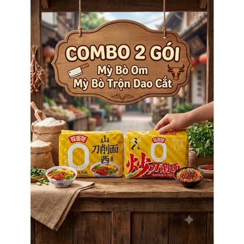 Combo 2 Gói Mỳ Dao Cắt Sơn Tây (1 Mỳ Bò Trộn + 1 Mỳ Bò Om) - Mỳ Dẹt Gợn Sóng Sấy Khô Nội Địa Trung Quỳnh Nhung