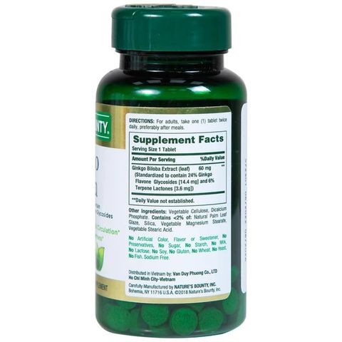 Viên uống hỗ trợ tăng cường tuần hoàn não Ginkgo Biloba 60mg Nature's Bounty (60 viên)