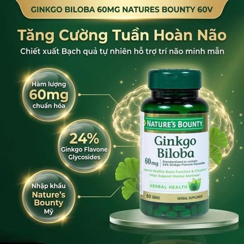 Viên uống hỗ trợ tăng cường tuần hoàn não Ginkgo Biloba 60mg Nature's Bounty (60 viên)