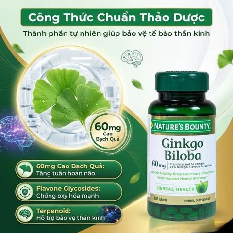 Viên uống hỗ trợ tăng cường tuần hoàn não Ginkgo Biloba 60mg Nature's Bounty (60 viên)