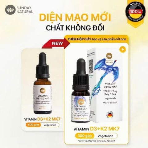 [S/P nhập khẩu Đức] Sunday Natural Vitamin D3+K2 MK7 |10 mL| dạng nhỏ giọt dành cho trẻ từ 0 - 4 tuổi