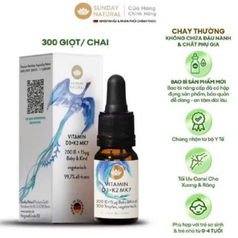 [S/P nhập khẩu Đức] Sunday Natural Vitamin D3+K2 MK7 |10 mL| dạng nhỏ giọt dành cho trẻ từ 0 - 4 tuổi