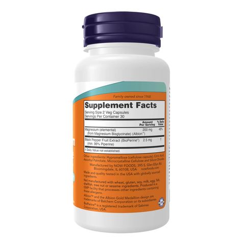 Magiesium Glycinate with BioPerine - Hỗ trợ sức khỏe hệ thần kinh, giảm căng thẳng, 60 viên chính hãng Now Mỹ