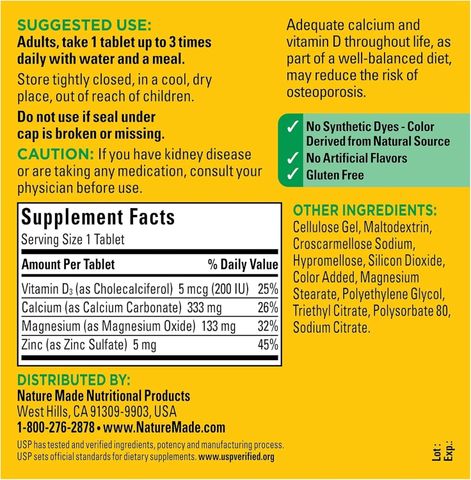 Calcium Magnesium ZinC D3 - Canxi hữu cơ dễ hấp không gây táo bón, Date 2029 Nature Made Mỹ