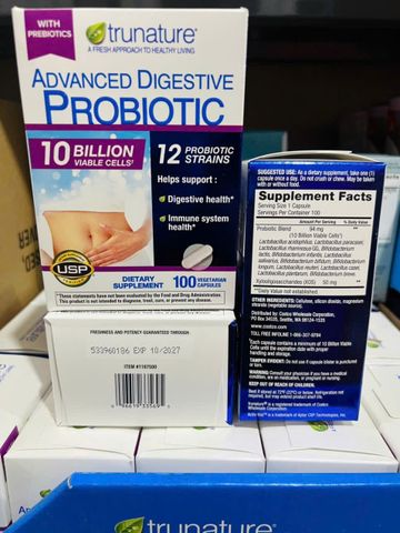 TruNature Advanced Digestive Probiotic |100 viên| Men vi sinh cải thiện tiêu hóa - Cân bằng hệ vi sinh đường ruột & Tăng cường sức đề kháng [S/P Chuẩn Mỹ]