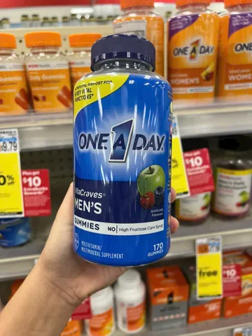 Bình One A Day Men's Gummies với 170 viên, bổ sung vitamin và khoáng chất, hương táo và việt quất, không chứa đường, dành cho nam giới.
