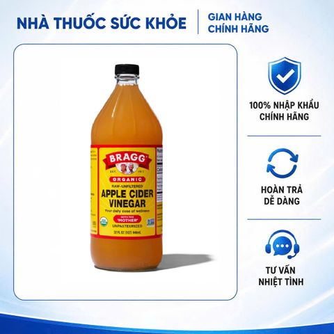 [Nhập khẩu chính hãng] Giấm Táo Hữu Cơ Bragg Organic Mỹ - Chai 946ml, Chứa Dấm Cái Mother Giàu Enzyme, Hỗ Trợ Tiêu Hóa và Kiểm Soát Cân Nặng, USDA Organic