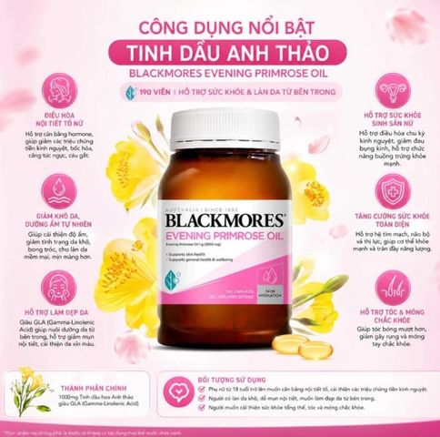 [Nhập khẩu] Viên Tinh Dầu Hoa Anh Thảo Blackmores Evening Primrose Oil - Hỗ Trợ Làm Đẹp Da và Cân Bằng Nội Tiết Tố - 190 Viên