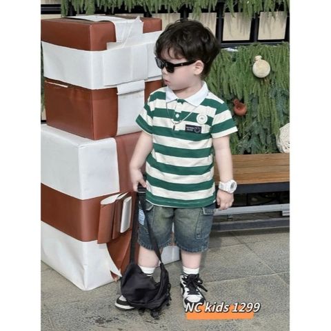 Bộ quần áo bé trai cotton thun cổ polo sọc ngang +quần bò ngố – Phong cách Hàn Quốc năng động