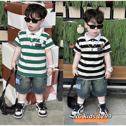 Bộ quần áo bé trai cotton thun cổ polo sọc ngang +quần bò ngố – Phong cách Hàn Quốc năng động