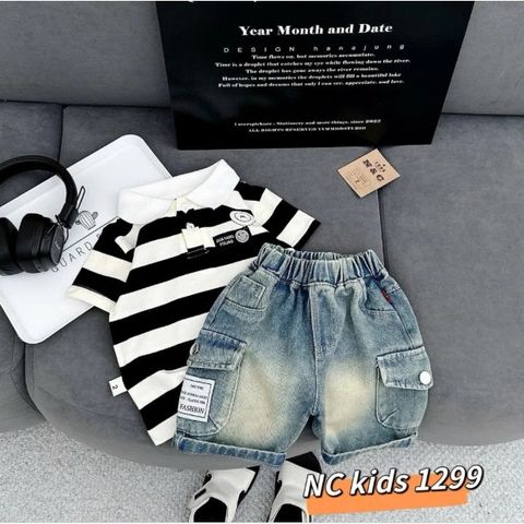 Bộ quần áo bé trai cotton thun cổ polo sọc ngang +quần bò ngố – Phong cách Hàn Quốc năng động