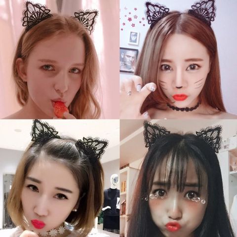 Combo 2 Bờm ren cài tóc cosplay tai mèo phối lông vũ xinh xắn