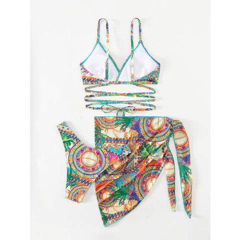 Set bikini vải thổ dân quần nhúng cạp cao che bụng