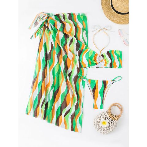 Bộ 3 mảnh áo tắm xẻ tà váy bikini đi biển in hình nữ