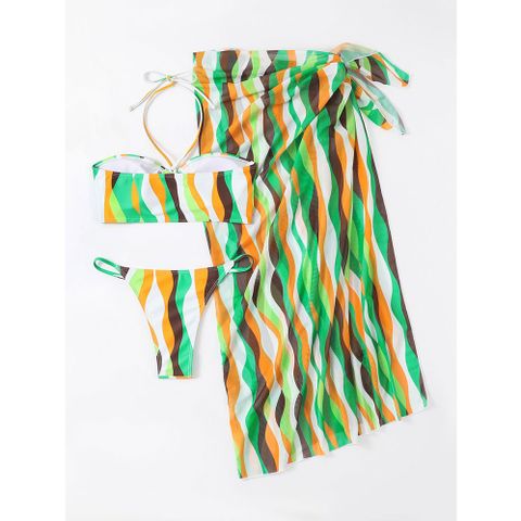 Bộ 3 mảnh áo tắm xẻ tà váy bikini đi biển in hình nữ
