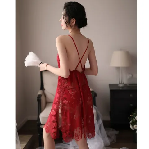 [Che tên] Đầm ngủ hai dây phối ren Sexy Girl - Đỏ