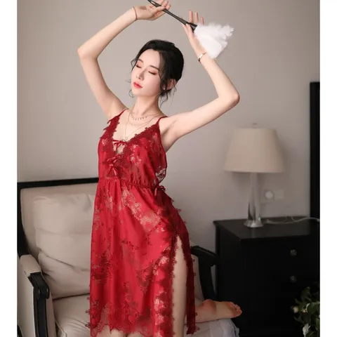 [Che tên] Đầm ngủ hai dây phối ren Sexy Girl - Đỏ