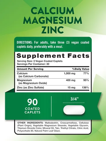 VEGAN - Viên uống bổ sung Calcium Magnesium Zinc hãng Natures Truth