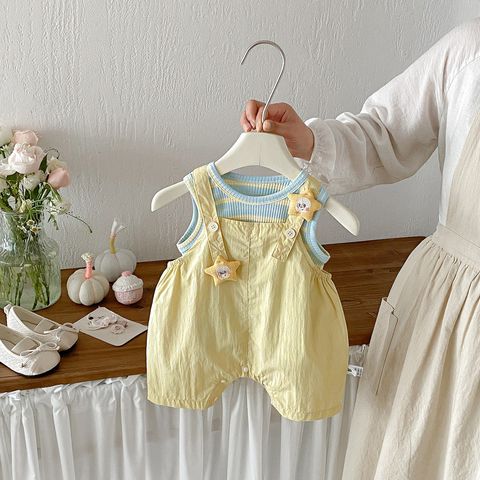 Hàng QC - Set quần yếm ngôi sao thô mềm kèm áo len tăm kẻ phong cách hàn quốc mùa hè cho bé gái