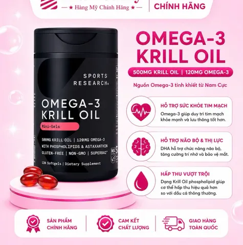 Hàng mỹ - Sports Research Omega 3 Krill Oil 500mg 120 Viên | Dầu Nhuyễn Thể Nam Cực Hỗ Trợ Tim Mạch, Não Bộ Và Thị Lực