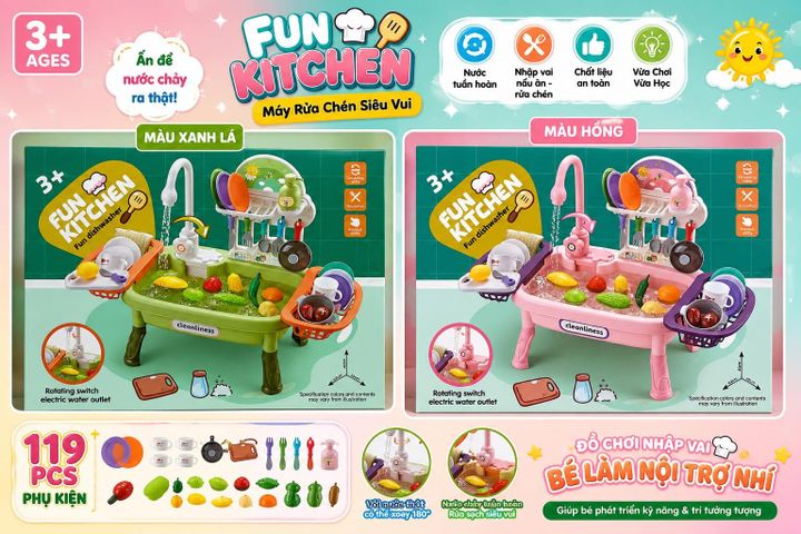 Bộ đồ chơi nhà bếp Fun Kitchen với bồn rửa chén, vòi nước điện tử và các phụ kiện nấu ăn 364 GIAO MÀU NGẪU NHIÊN