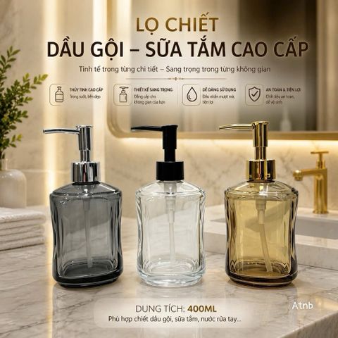 lọ chiết dầu gội sữa tắm thủy tinh 400ml vòi nhấn cao cấp đựng nước rửa tay decor phòng tắm
