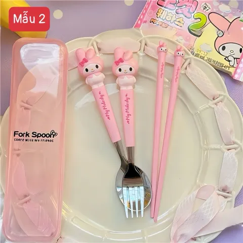 bộ thìa dĩa đũa 3 món kèm hộp hoạt hình sanrio hello kitty kuromi cinnamoroll cho bé