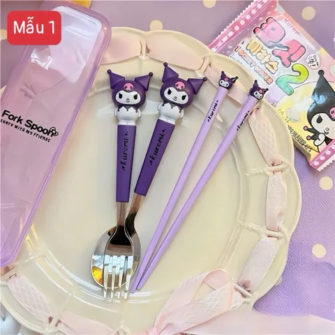 bộ thìa dĩa đũa 3 món kèm hộp hoạt hình sanrio hello kitty kuromi cinnamoroll cho bé