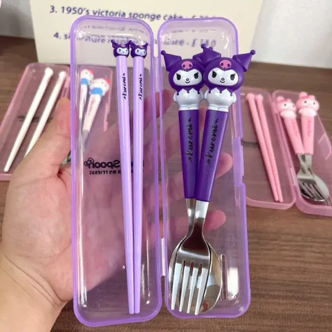 bộ thìa dĩa đũa 3 món kèm hộp hoạt hình sanrio hello kitty kuromi cinnamoroll cho bé