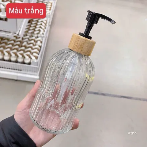 lọ chiết dầu gội sữa tắm thủy tinh sọc nổi nắp vân gỗ vòi nhấn cao cấp decor phòng tắm