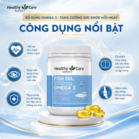￼Dầu cá Omega 3 Healthy Care Fish Oil 1000mg hỗ trợ mắt sáng, tốt cho tim mạch lọ 400 viên