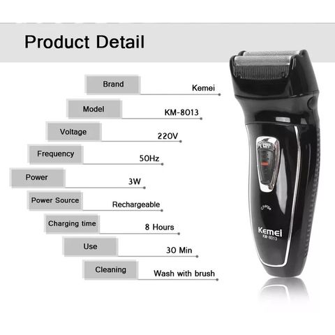 Máy cạo râu 2 lưỡi Kemei KM, thiết kế hiện đại, nhỏ gọn, với trọng lượng chỉ khoảng 350g.