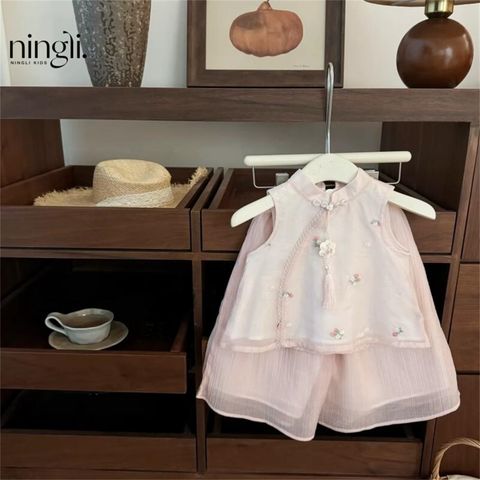 Hàng QC - Set bộ sườn xám voan tơ ba lỗ kèm khuy thêu hoa xinh xắn dễ thương mùa hè mát mẻ cho bé gái