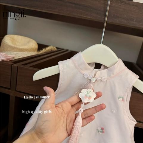 Hàng QC - Set bộ sườn xám voan tơ ba lỗ kèm khuy thêu hoa xinh xắn dễ thương mùa hè mát mẻ cho bé gái