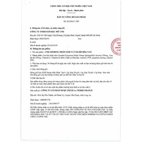 CND GINSENG Nhân sâm và táo đỏ hòa tan - Hỗ trợ Bồi bổ sức khỏe, tăng cường sức đề kháng, Hộp 20 gói, Việt Nam
