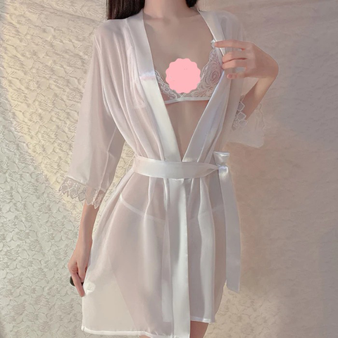 Áo Choàng Ngủ Xuyên Thấu Phối Ren Áo Khoác Ngoài Nữ Mặc Nhà Có Thắt Lưng – N256 Trắng