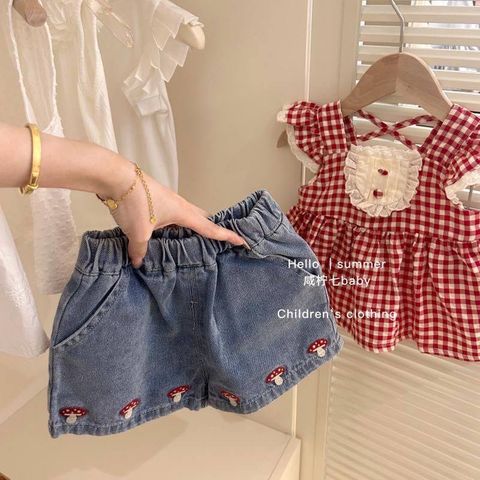 Hàng QC - Set bộ bé gái, áo cánh tiên kẻ phối ren kèm quần jean nấm cute dễ thương mùa hè hot hit