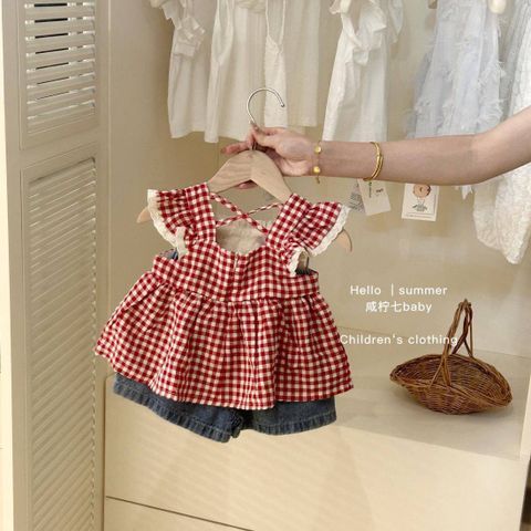Hàng QC - Set bộ bé gái, áo cánh tiên kẻ phối ren kèm quần jean nấm cute dễ thương mùa hè hot hit