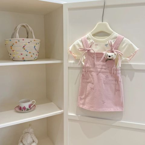 Hàng QC - Váy yếm nơ ren kèm áo thun cotton mềm bèo xinh xắn điệu đà mùa hè hàn quốc bé gái