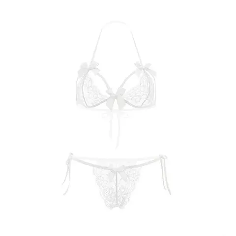 Bộ Đồ Lót Nữ Đính Nơ Buộc Dây Gợi Cảm Cao Cấp Set Nội Y Ren Xuyên Thấu Đen Đỏ Trắng Sang Trọng Quyến Rũ - T350 Trắng